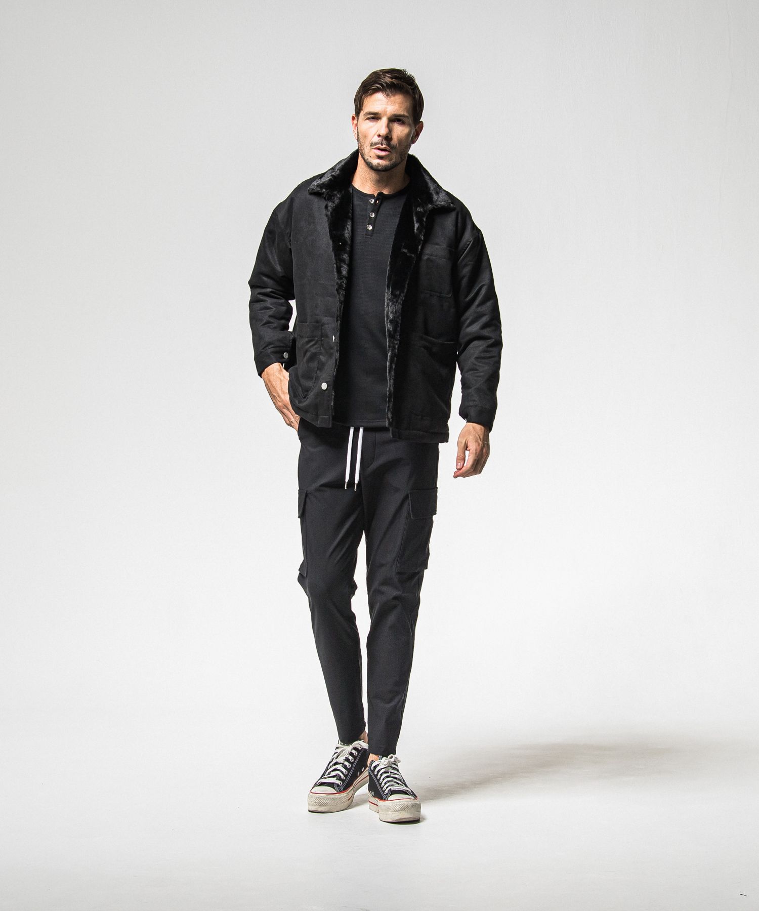 VELOURS FLEECE THERMAL HENRY / RC38-C-003 / 裏起毛サーマルヘンリーネックロングTシャツ / ブラック (10月中旬入荷予定)