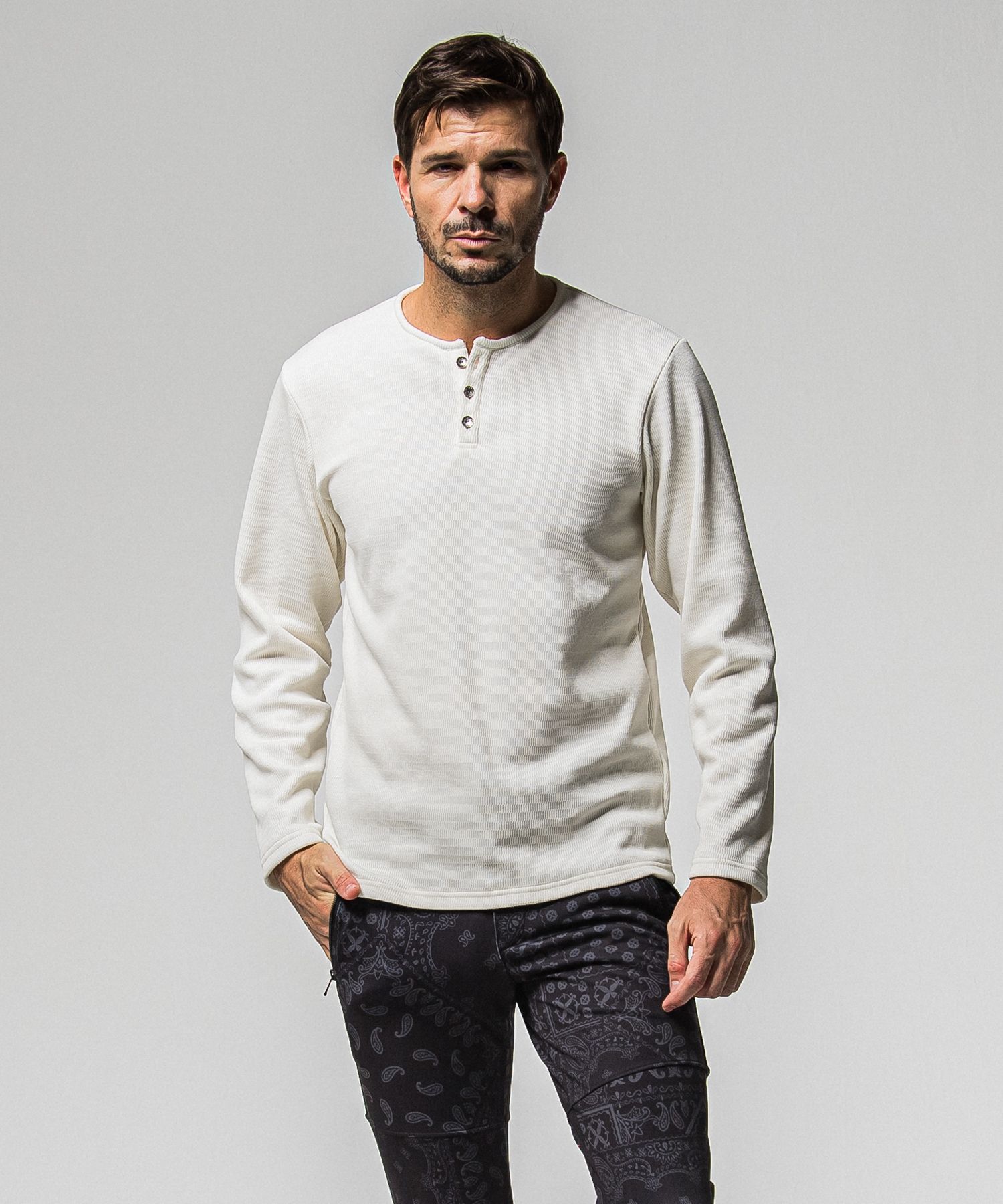 VELOURS FLEECE THERMAL HENRY / RC38-C-003 / 裏起毛サーマルヘンリーネックロングTシャツ / ホワイト (10月中旬入荷予定)