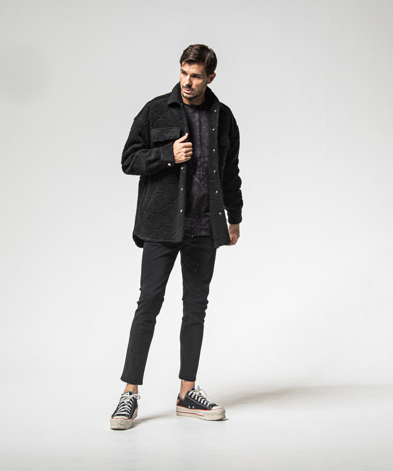 PAISLEY BACK FLEECE DROP TRAINER / RC38-C-008 / 裏起毛ペイズリートレーナー / ブラック (10月中旬入荷予定)