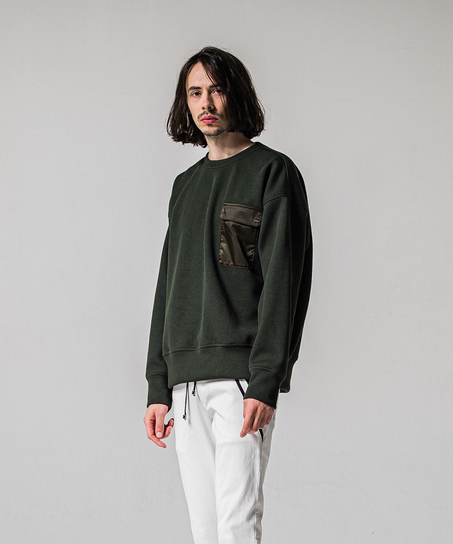 AZE MILITARY DROP TRAINER / RC39-C-003 / 高機能畦編みニットトレーナー / カーキ (1月下旬入荷予定)