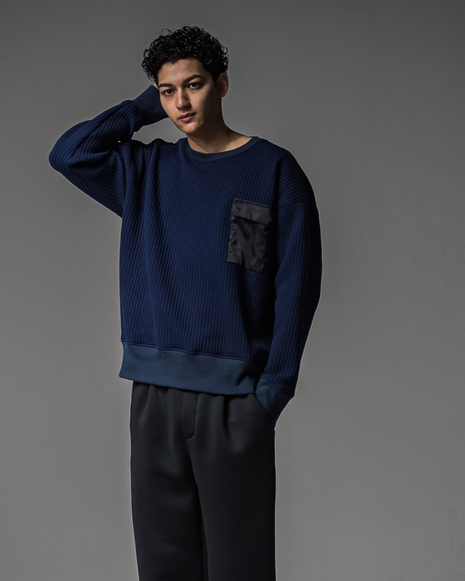 STRIPE QUILTING DROP TRAINER / RC37-C-003 / ストライプキルティングトレーナー / ネイビー (9月下旬入荷予定)