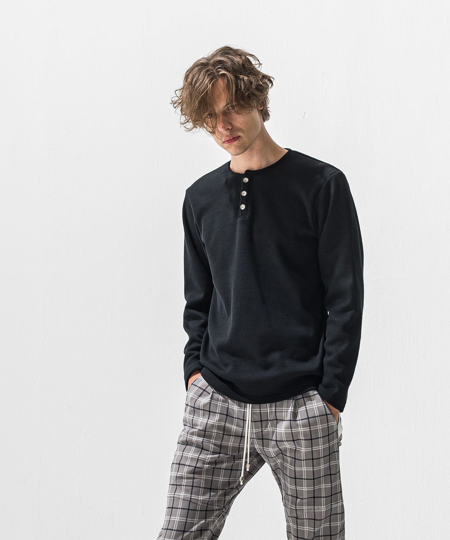 VELOURS FLEECE THERMAL HENRY / RC42-C-003 / 裏起毛サーマルヘンリーネックロングTシャツ / ブラック (10月下旬入荷予定)