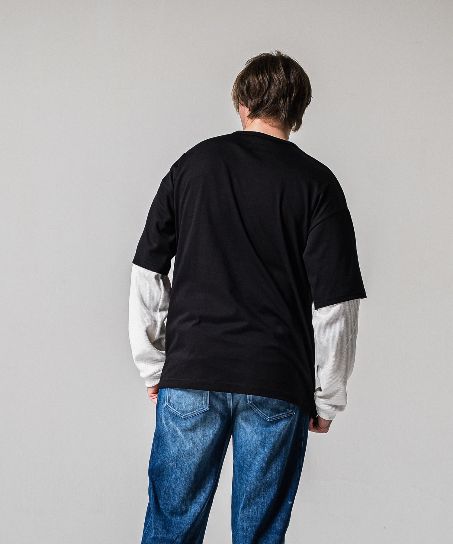 FAKE LAYERED WAFFLE LONG SLEEVE / RC39-T-007 / サーマルレイヤードロングスリーブTシャツ / ブラック×ホワイト (1月下旬入荷予定)