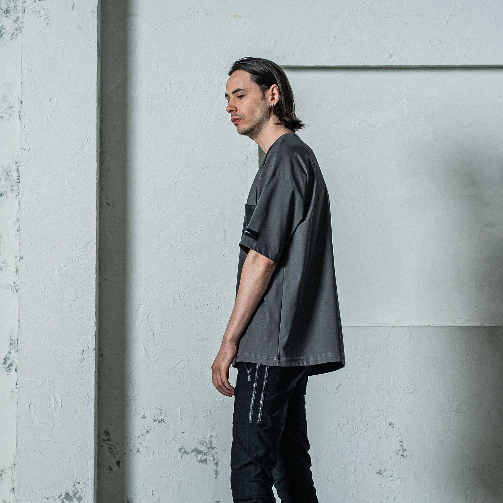 LEATHER POCKET OVER NYLON T / RC35-T-005 / レザーポケットナイロンビッグTシャツ / グレー
