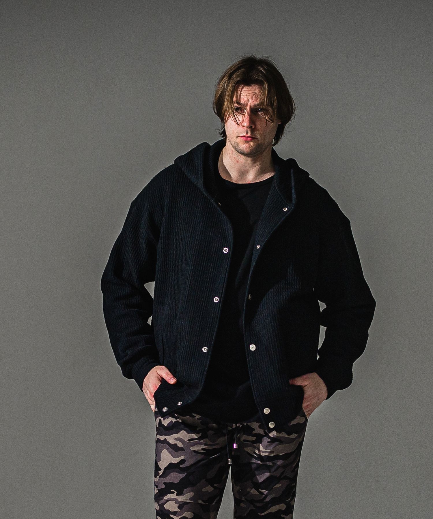 KNT VARSITY HOODIE / RC41-C-007 / コットンニットパーカースタジャン / ブラック (8月下旬入荷予定)
