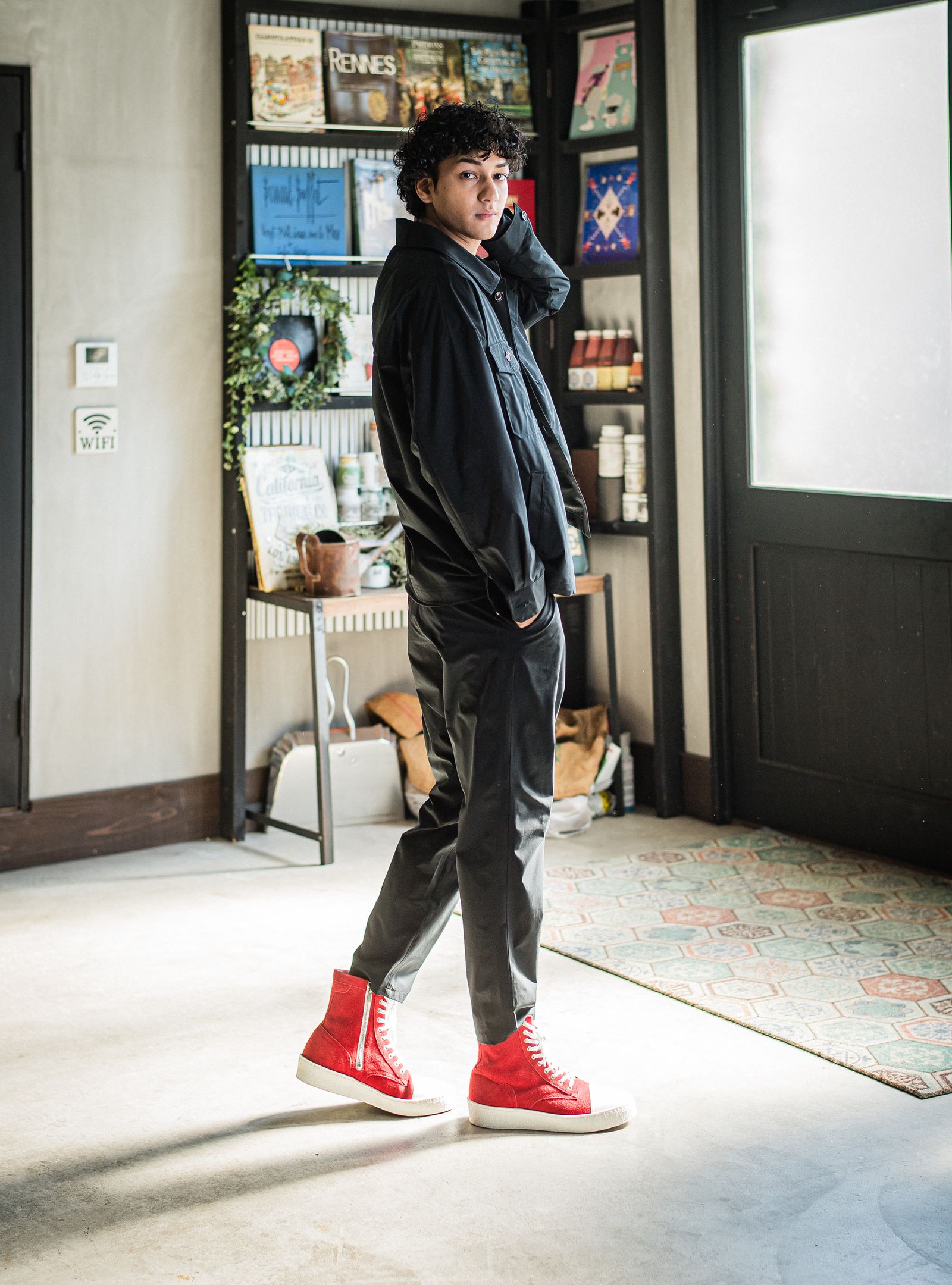 PAT WIDE EASY PANTS / RC31-ST-036 / ベルト付きテーパードワイドパンツ / ナイロンブラック