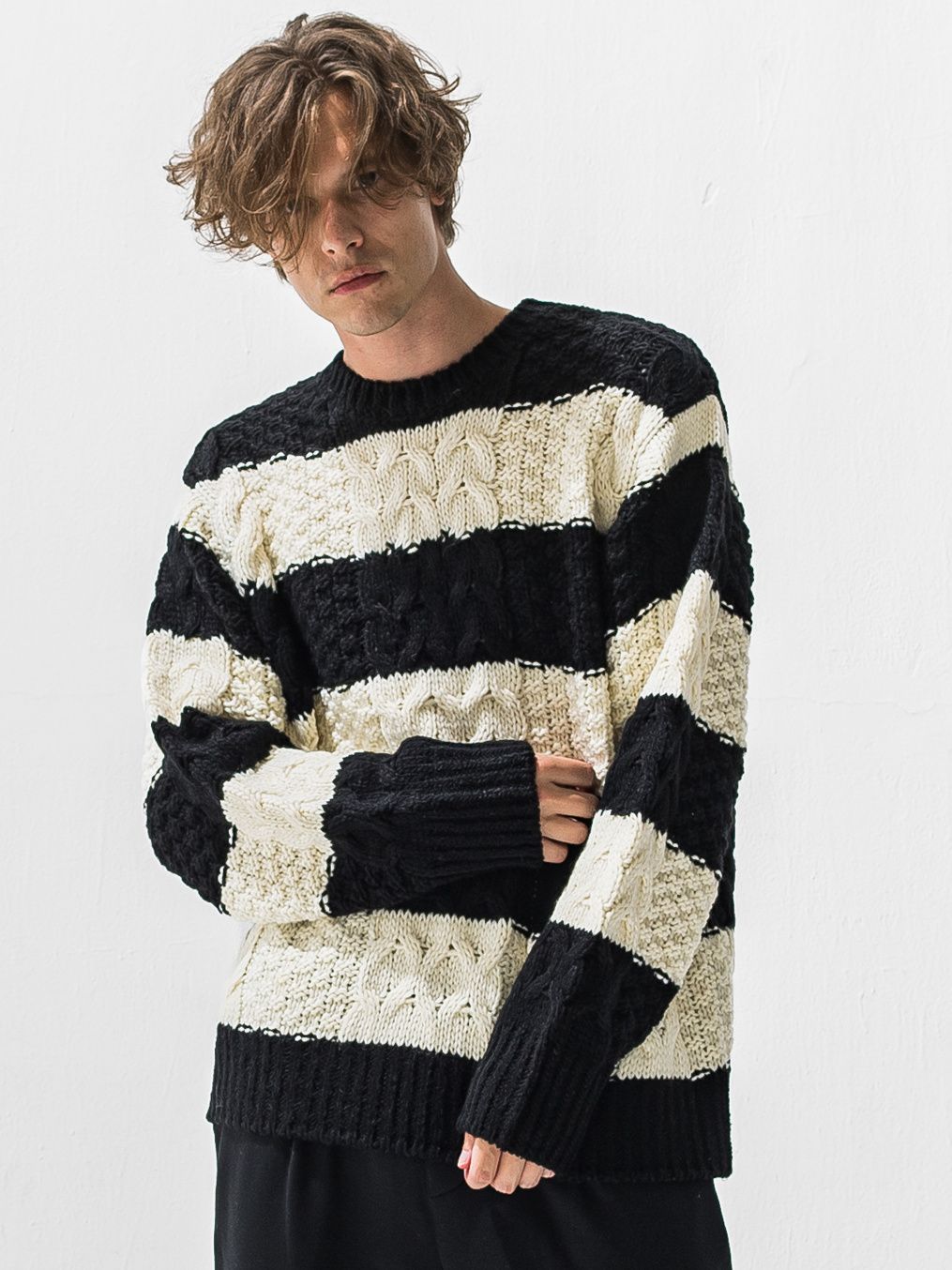 CABLE LAW SWEATER / RC42-K-002 / ケーブルニット / ブラック×ホワイト (10月下旬入荷予定)