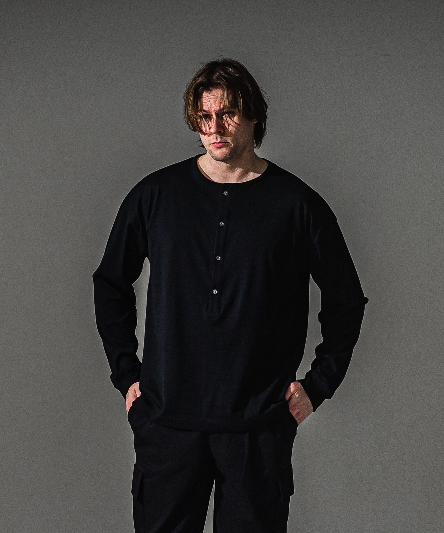 OVER HENRY LONGSLEEVE / RC41-T-004 / オーバーサイズヘンリーネック長袖Tシャツ / ブラック (7月中旬入荷予定)