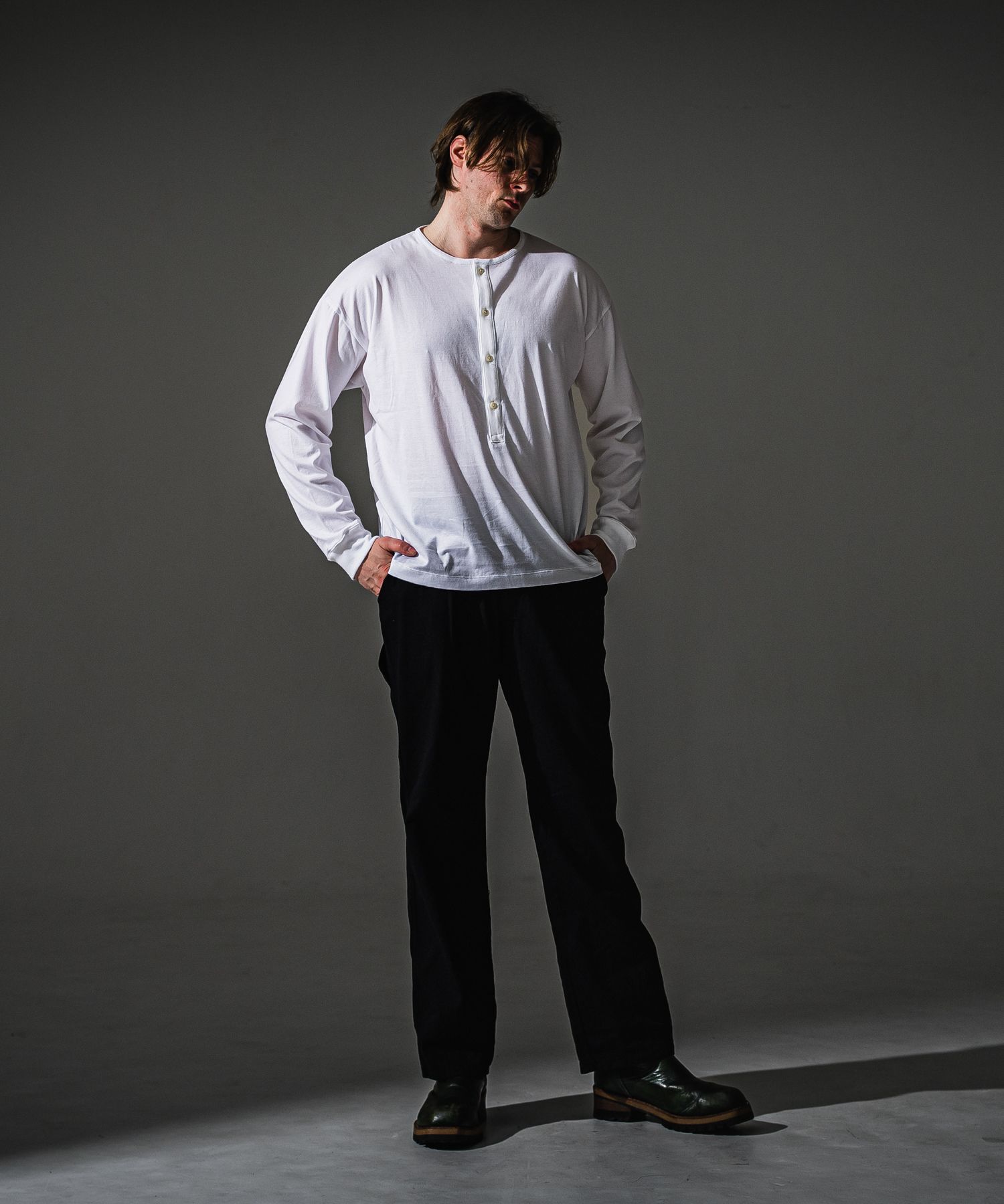 OVER HENRY LONGSLEEVE / RC41-T-004 / オーバーサイズヘンリーネック長袖Tシャツ / ホワイト (7月中旬入荷予定)