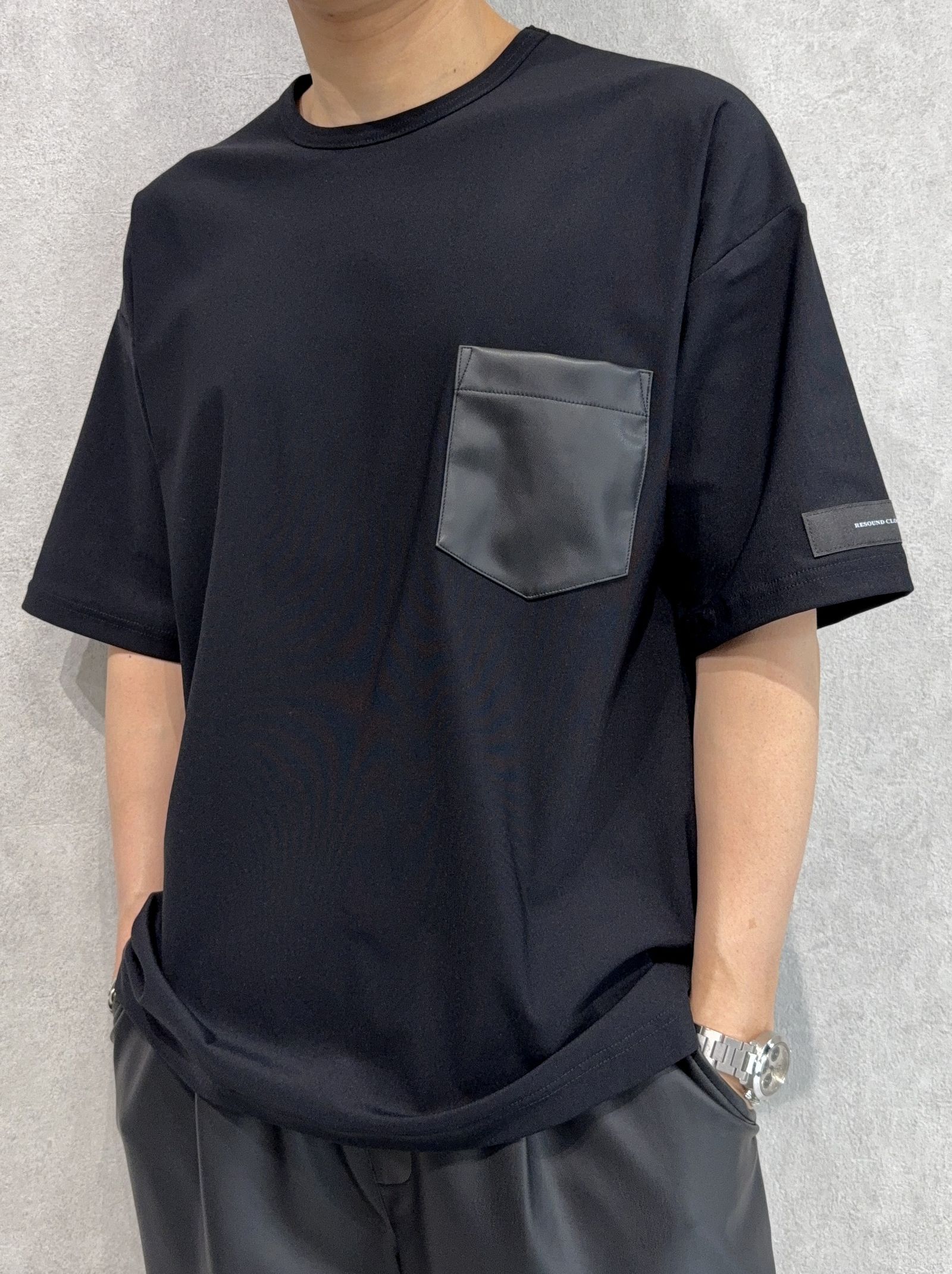 LEATHER POCKET OVER NYLON T / RC39-T-005 / レザーポケットナイロンビッグTシャツ / ブラック