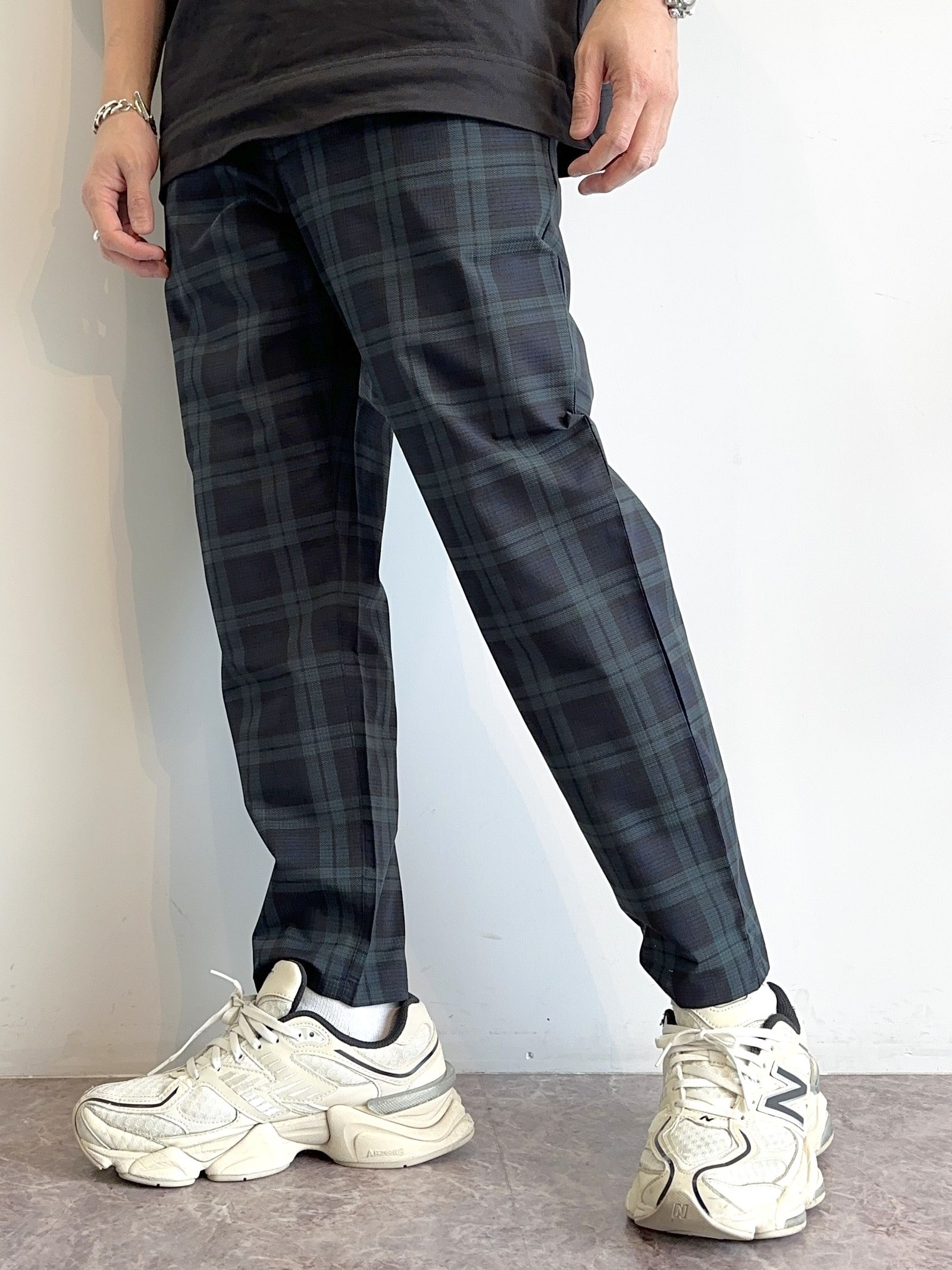PAT WIDE EASY PANTS / RC32-ST-036 / ベルト付きテーパードワイドパンツ / グリーンチェック