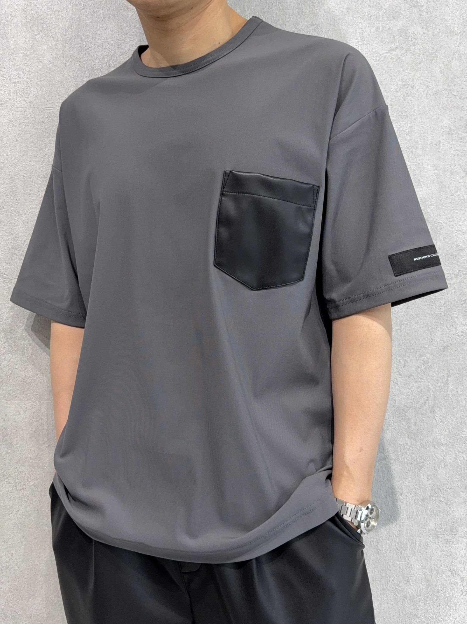 LEATHER POCKET OVER NYLON T / RC39-T-005 / レザーポケットナイロンビッグTシャツ / グレー