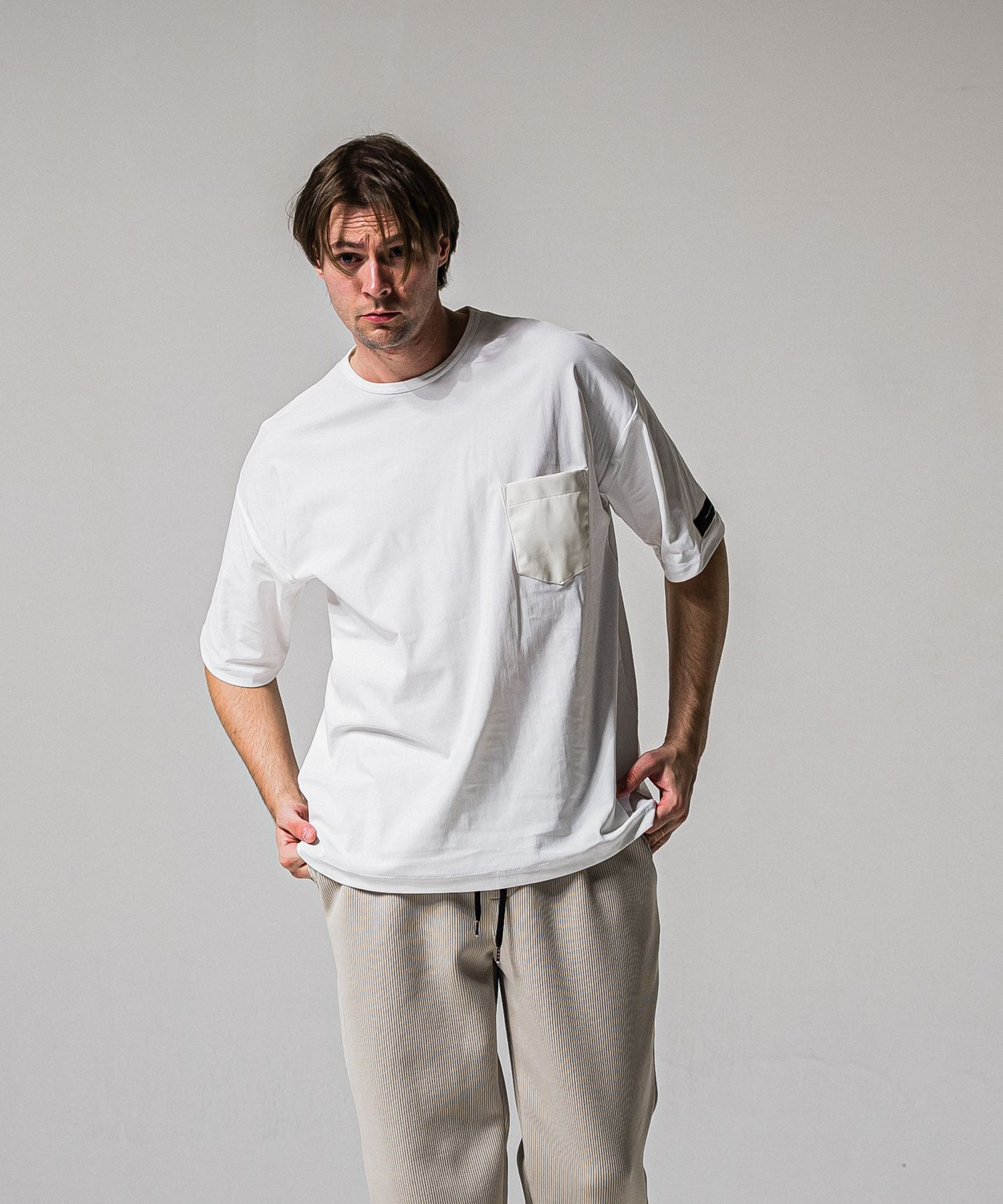 LEATHER POCKET OVER NYLON T / RC39-T-005 / レザーポケットナイロンビッグTシャツ / ホワイト (4月上旬入荷予定)