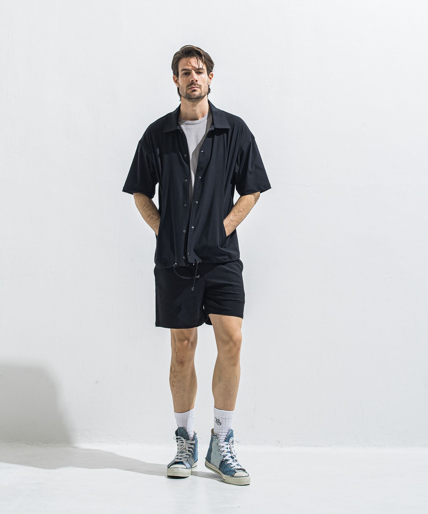 NYLON HALF COACH JACKET / RC40-C-002 / 半袖ナイロンコーチジャケット / ブラック (5月中旬入荷予定)