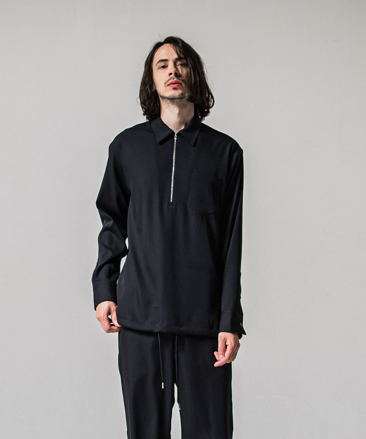 PULLOVER SATIN SHIRT / RC39-SH-002 / ハーフジップサテンシャツ / ブラック (3月上旬入荷予定)