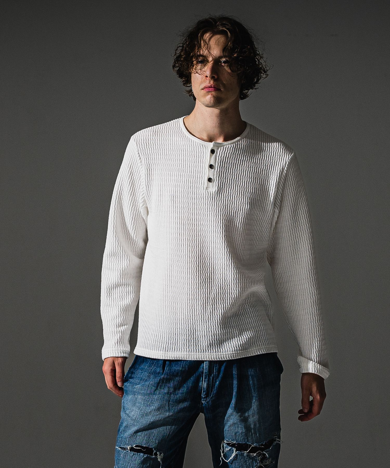 KNT HENRY / RC41-C-001 / コットンニットヘンリーネックロングTシャツ / ホワイト (9月上旬入荷予定)
