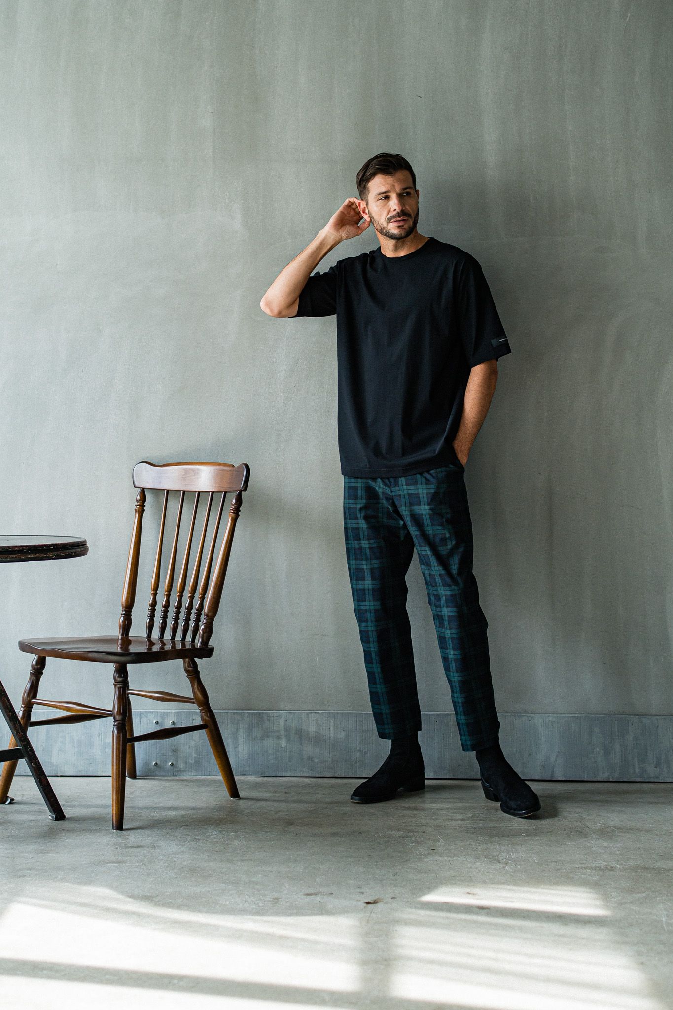 PAT WIDE EASY PANTS / RC32-ST-036 / ベルト付きテーパードワイドパンツ / グリーンチェック