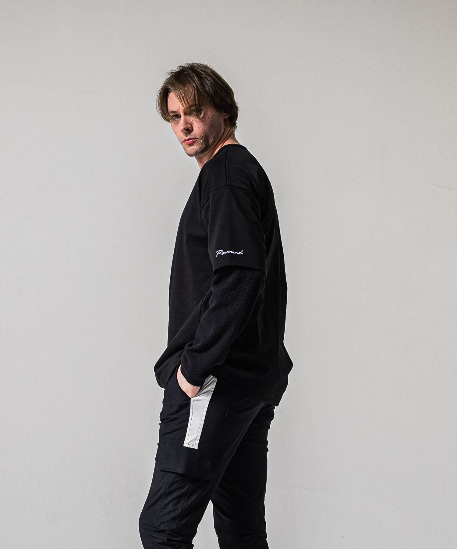 FAKE LAYERED WAFFLE LONG SLEEVE / RC39-T-007 / サーマルレイヤードロングスリーブTシャツ / ブラック (1月下旬入荷予定)