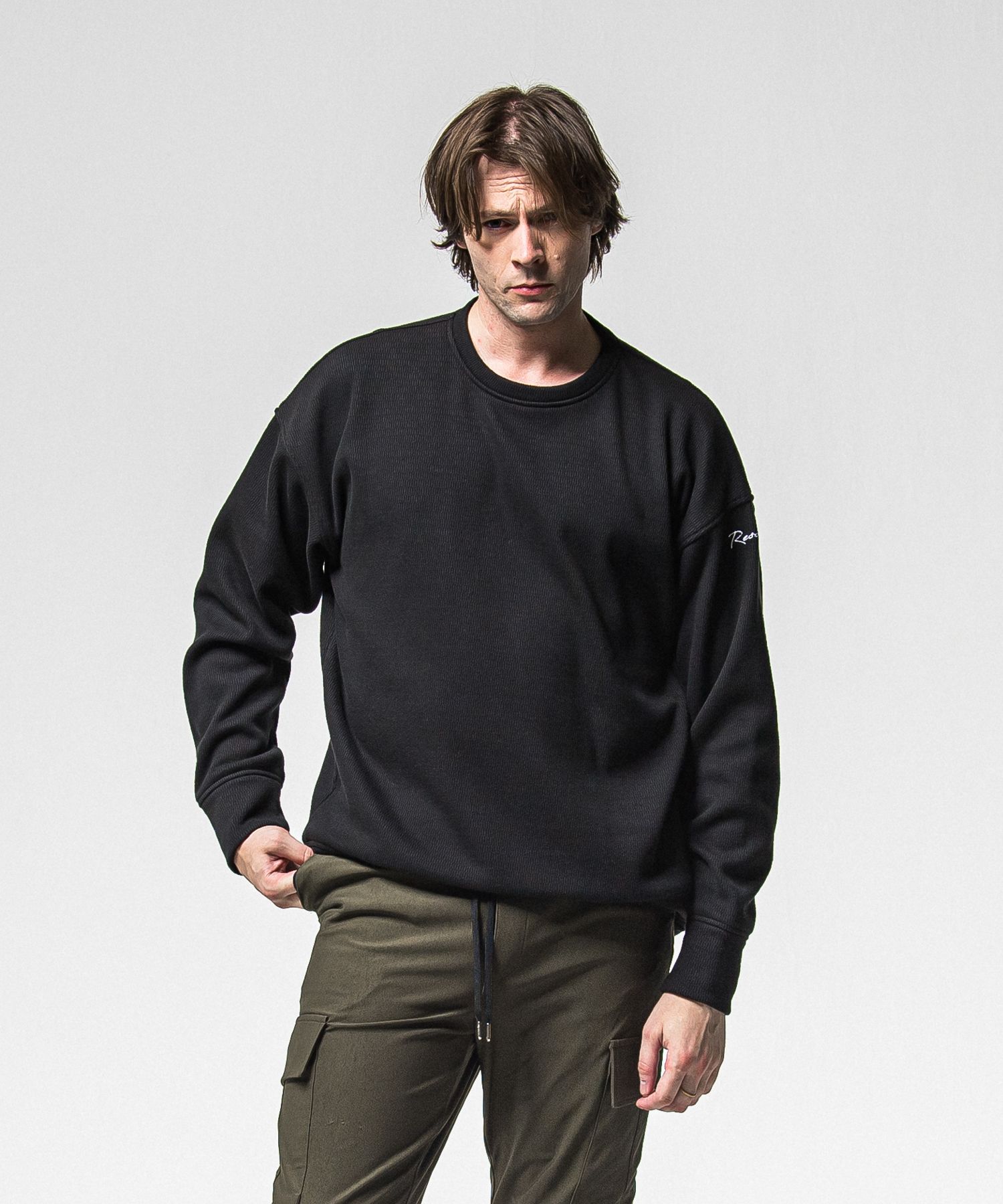 VELOURS FLEECE THERMAL LOOSE TRAINER / RC38-C-002 / 裏起毛サーマルトレーナー / ブラック (10月中旬入荷予定)