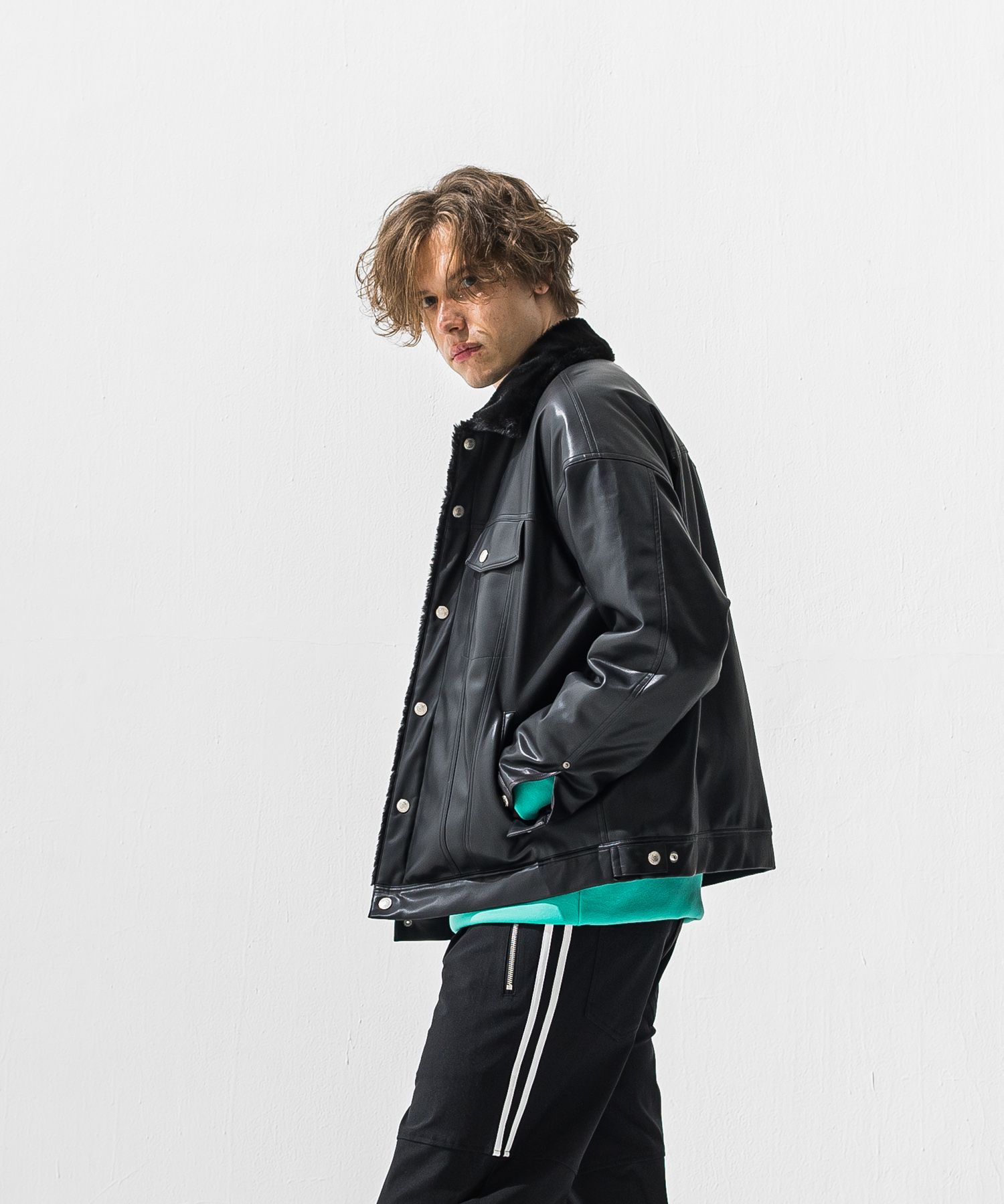 LEATHER FUR OVER G / RC42-JK-001 / エコレザーファーGジャン / ブラック (11月中旬入荷予定)