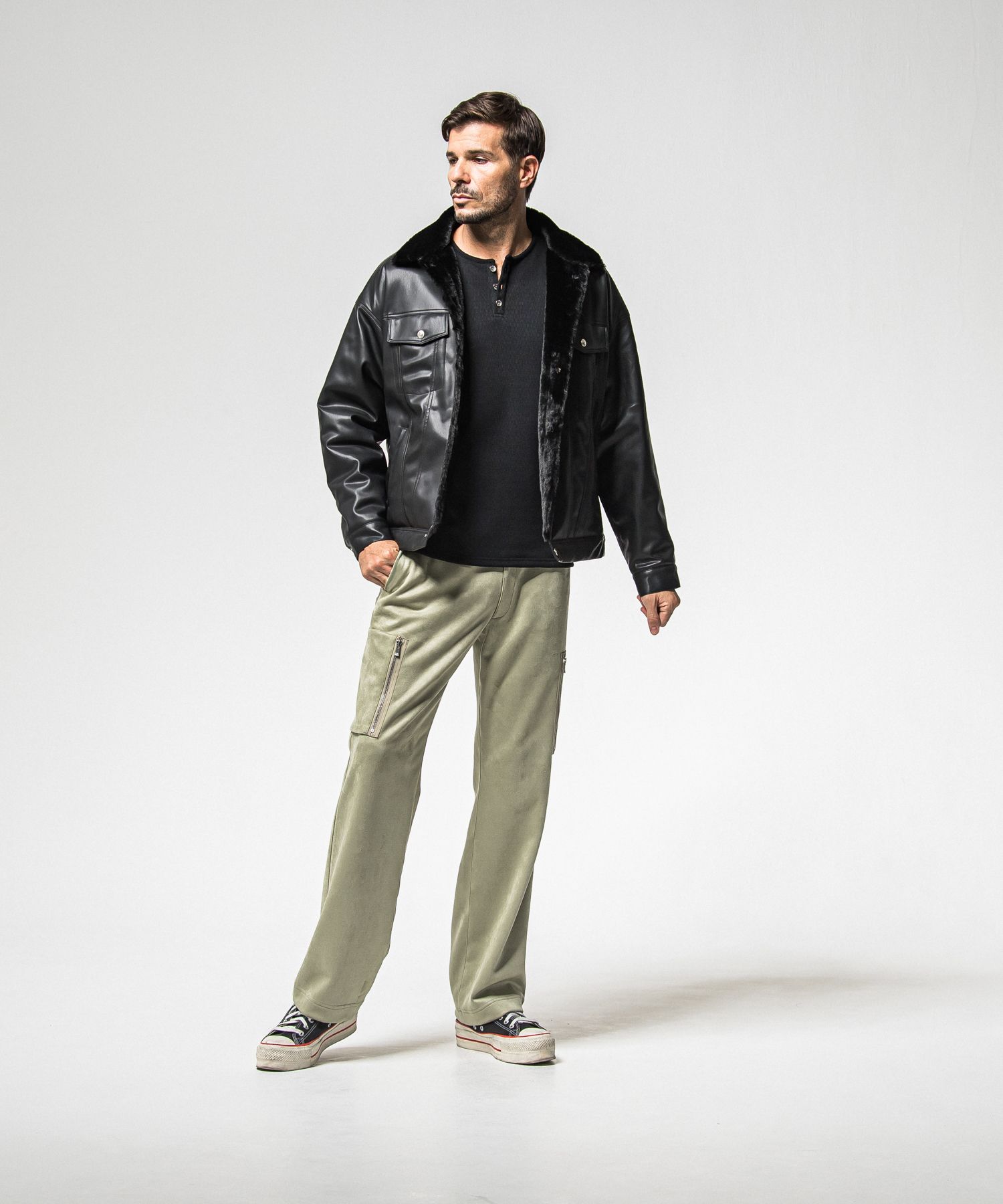 VELOURS FLEECE THERMAL HENRY / RC38-C-003 / 裏起毛サーマルヘンリーネックロングTシャツ / ブラック (10月中旬入荷予定)