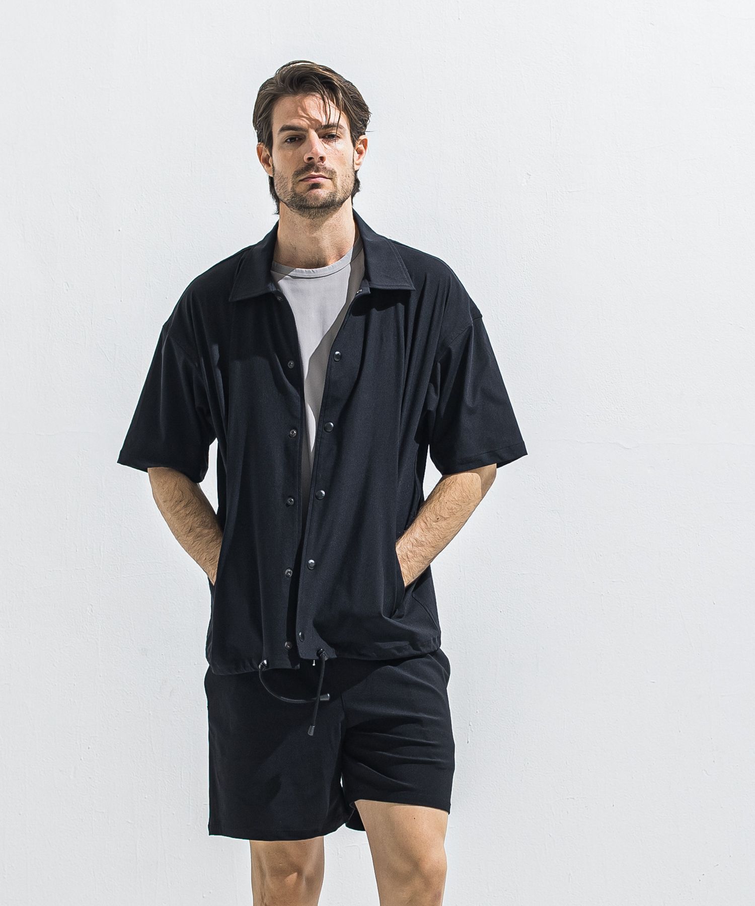 NYLON HALF COACH JACKET / RC40-C-002 / 半袖ナイロンコーチジャケット / ブラック (5月中旬入荷予定)