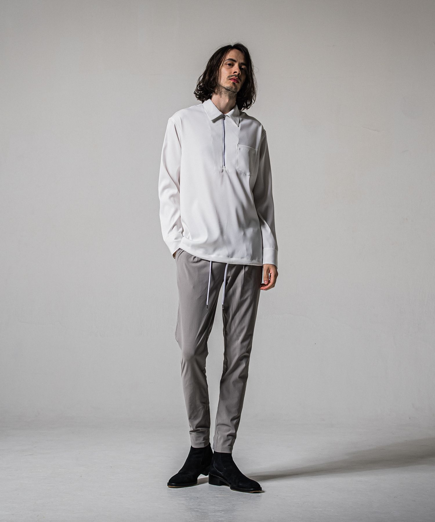 PULLOVER SATIN SHIRT / RC39-SH-002 / ハーフジップサテンシャツ / ホワイト (3月上旬入荷予定)