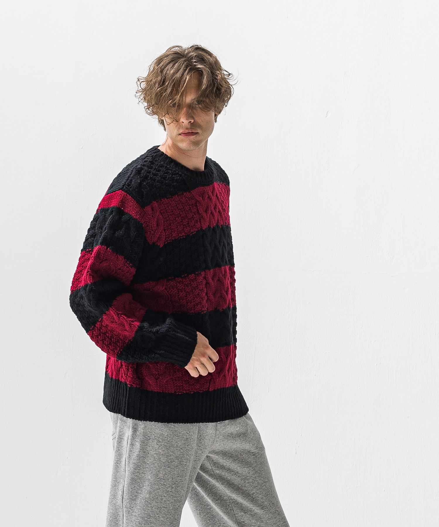 CABLE LAW SWEATER / RC42-K-002 / ケーブルニット / ブラック×レッド (10月下旬入荷予定)