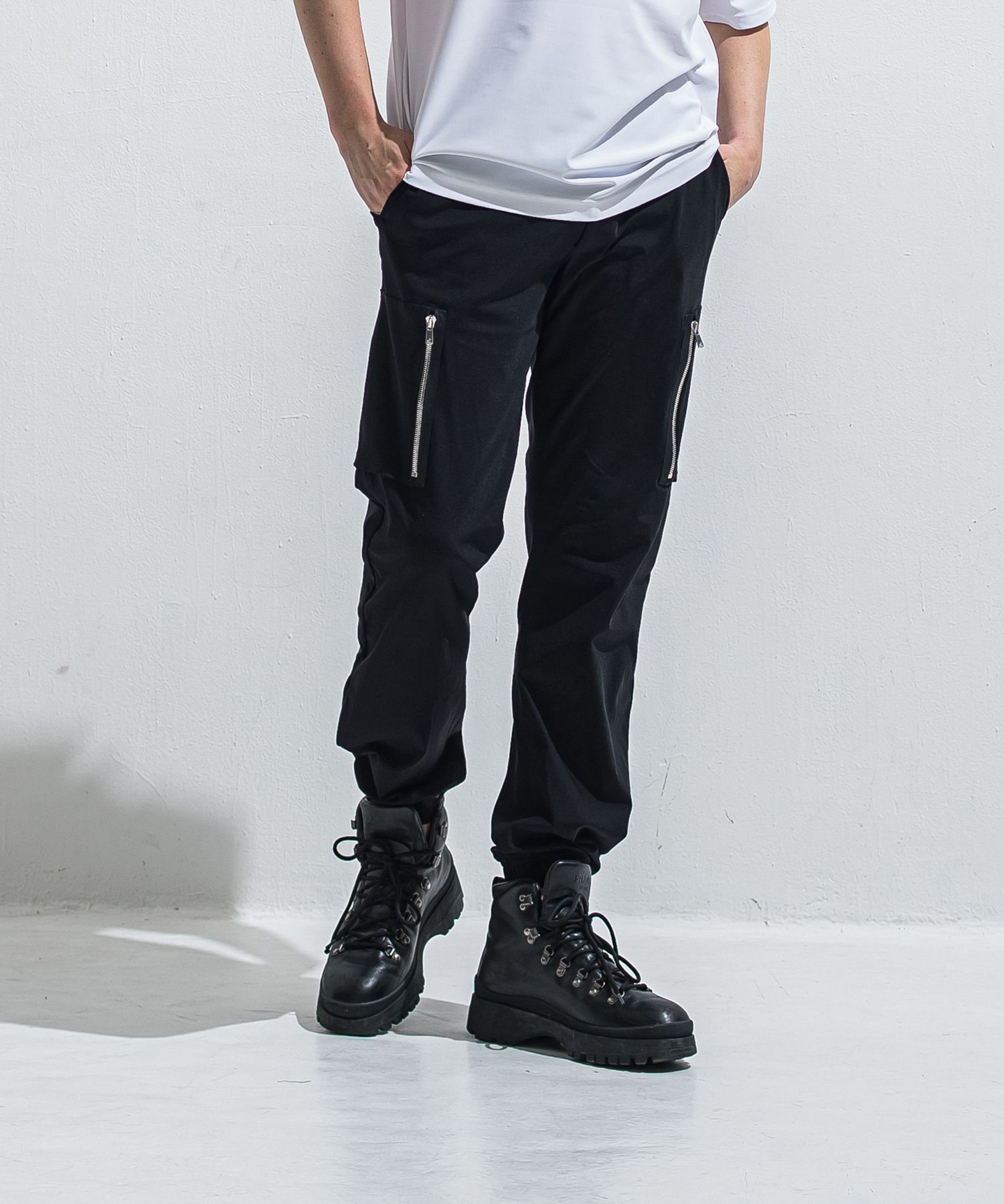 DAVID NYLON CARGO PANTS / RC40-ST-040 / ミリタリーナイロン裾ゴムカーゴパンツ / ブラック (6月中旬入荷予定)