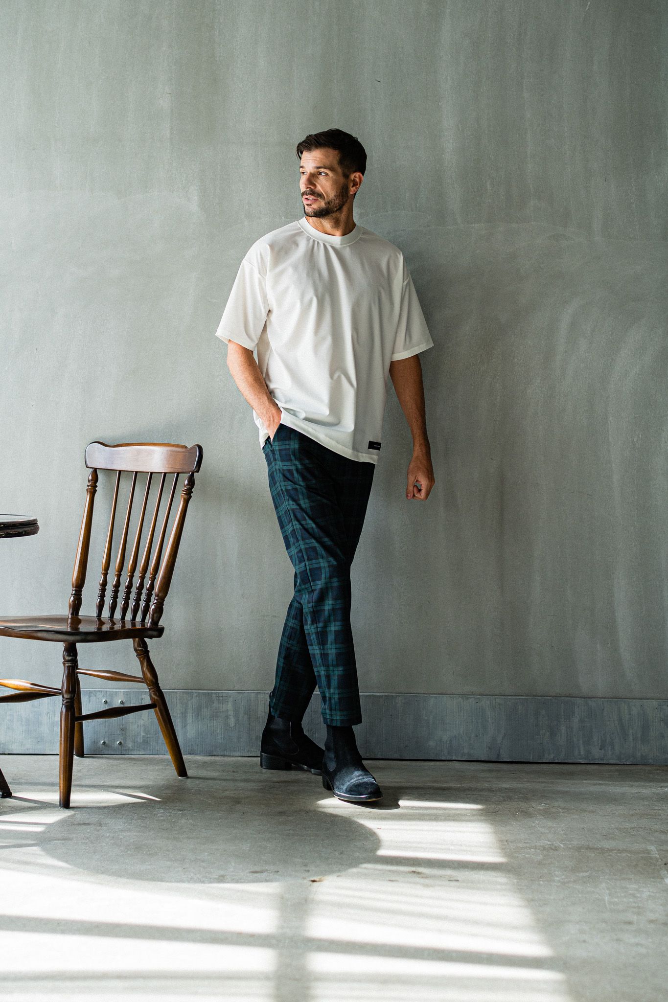 PAT WIDE EASY PANTS / RC32-ST-036 / ベルト付きテーパードワイドパンツ / グリーンチェック