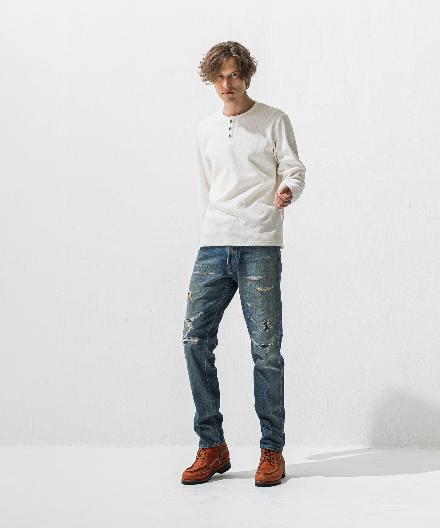 VELOURS FLEECE THERMAL HENRY / RC42-C-003 / 裏起毛サーマルヘンリーネックロングTシャツ / ホワイト (10月下旬入荷予定)