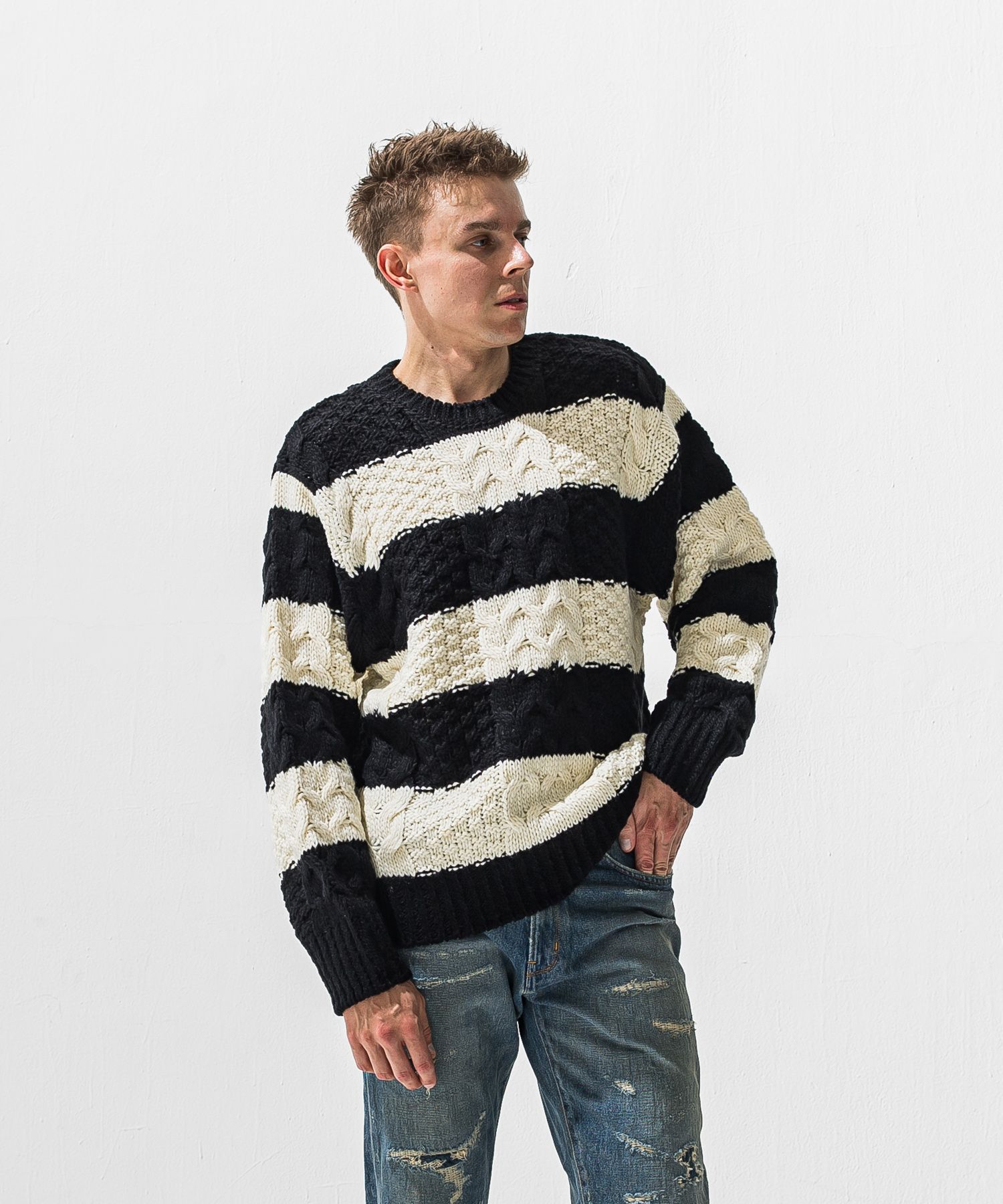 CABLE LAW SWEATER / RC42-K-002 / ケーブルニット / ブラック×ホワイト (10月下旬入荷予定)