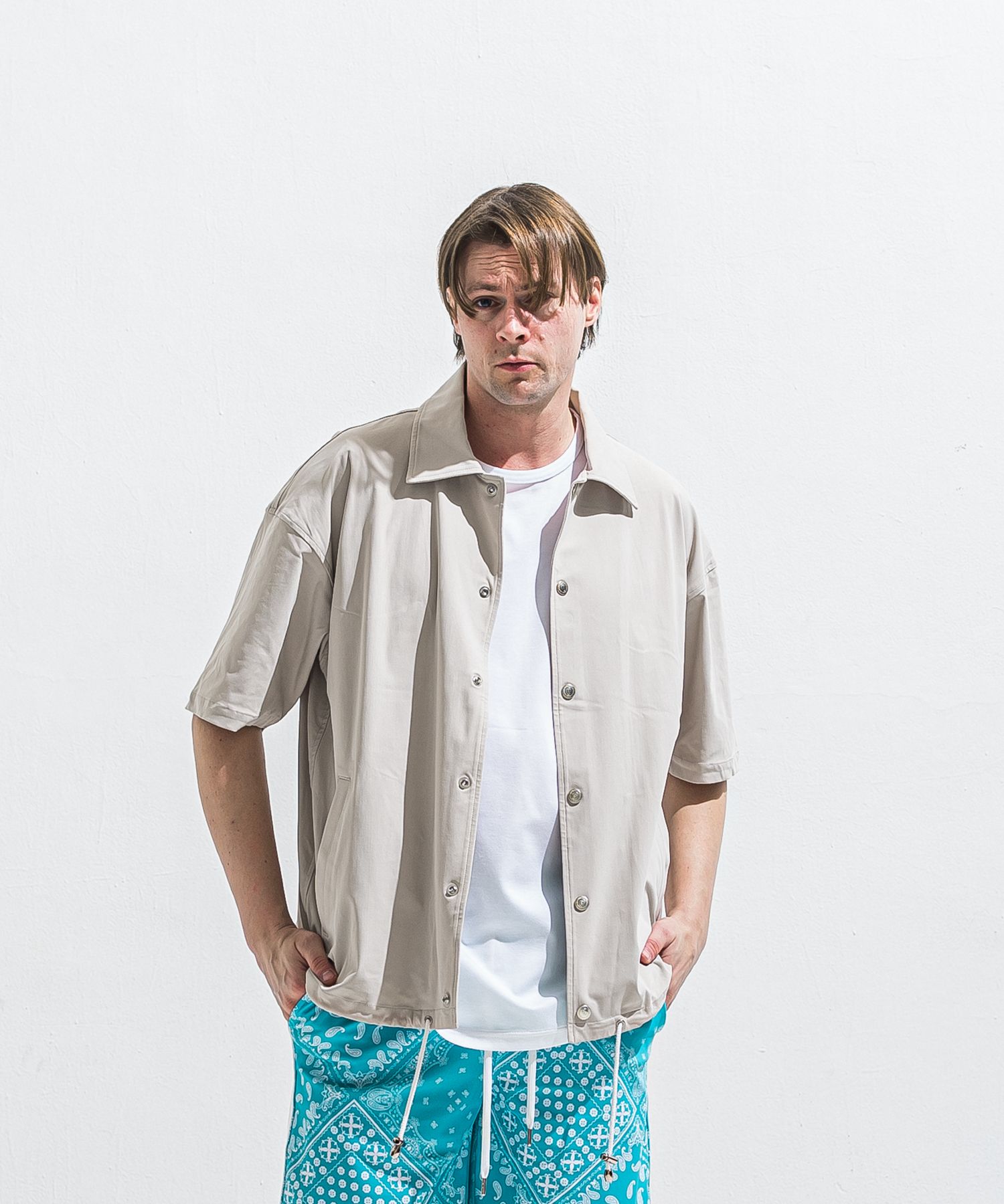 NYLON HALF COACH JACKET / RC40-C-002 / 半袖ナイロンコーチジャケット / グレージュ (5月中旬入荷予定)