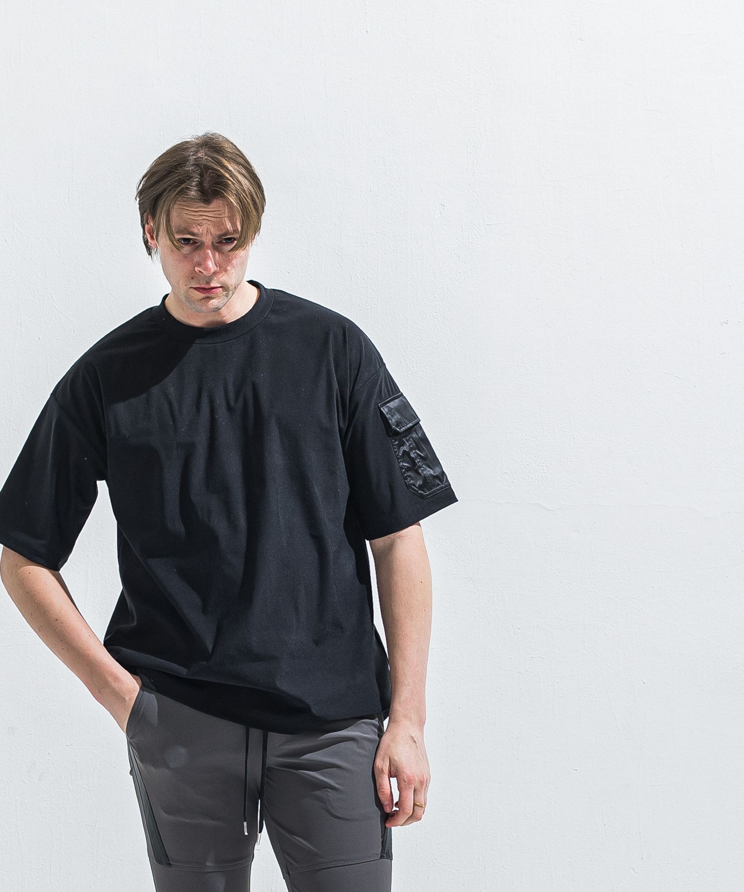 MILITARY NYLON OVER TEE / RC40-T-008 / ナイロンポケットビッグTシャツ / ブラック (6月上旬入荷予定)