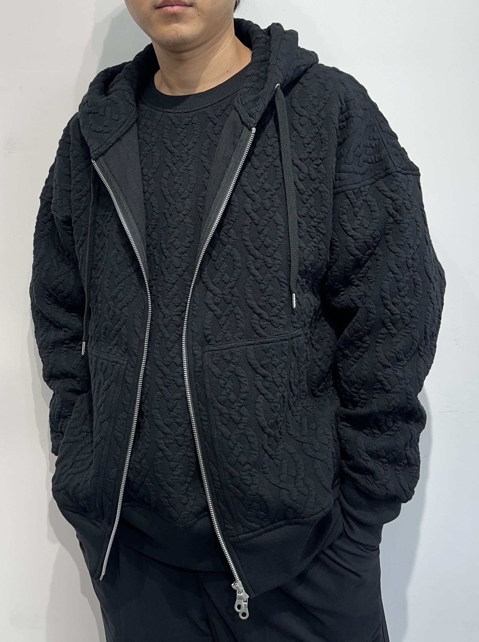 CABLE DROP ZIP HOODIE / RC33-C-004 / ケーブルジップパーカー / ブラック