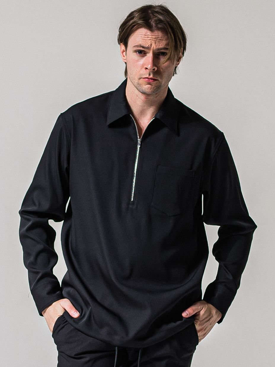 PULLOVER SATIN SHIRT / RC39-SH-002 / ハーフジップサテンシャツ / ブラック (3月上旬入荷予定)