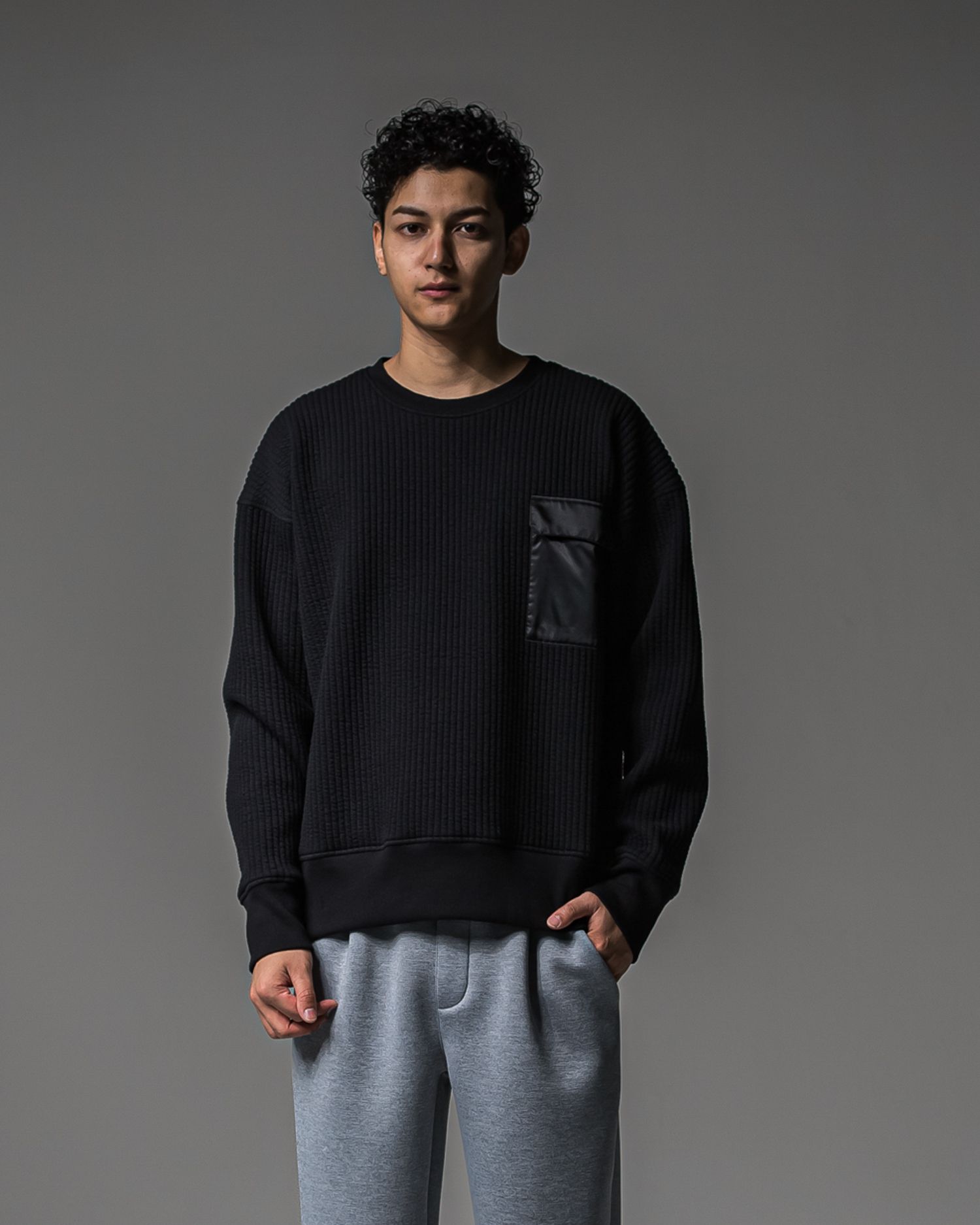 STRIPE QUILTING DROP TRAINER / RC37-C-003 / ストライプキルティングトレーナー / ブラック (9月下旬入荷予定)