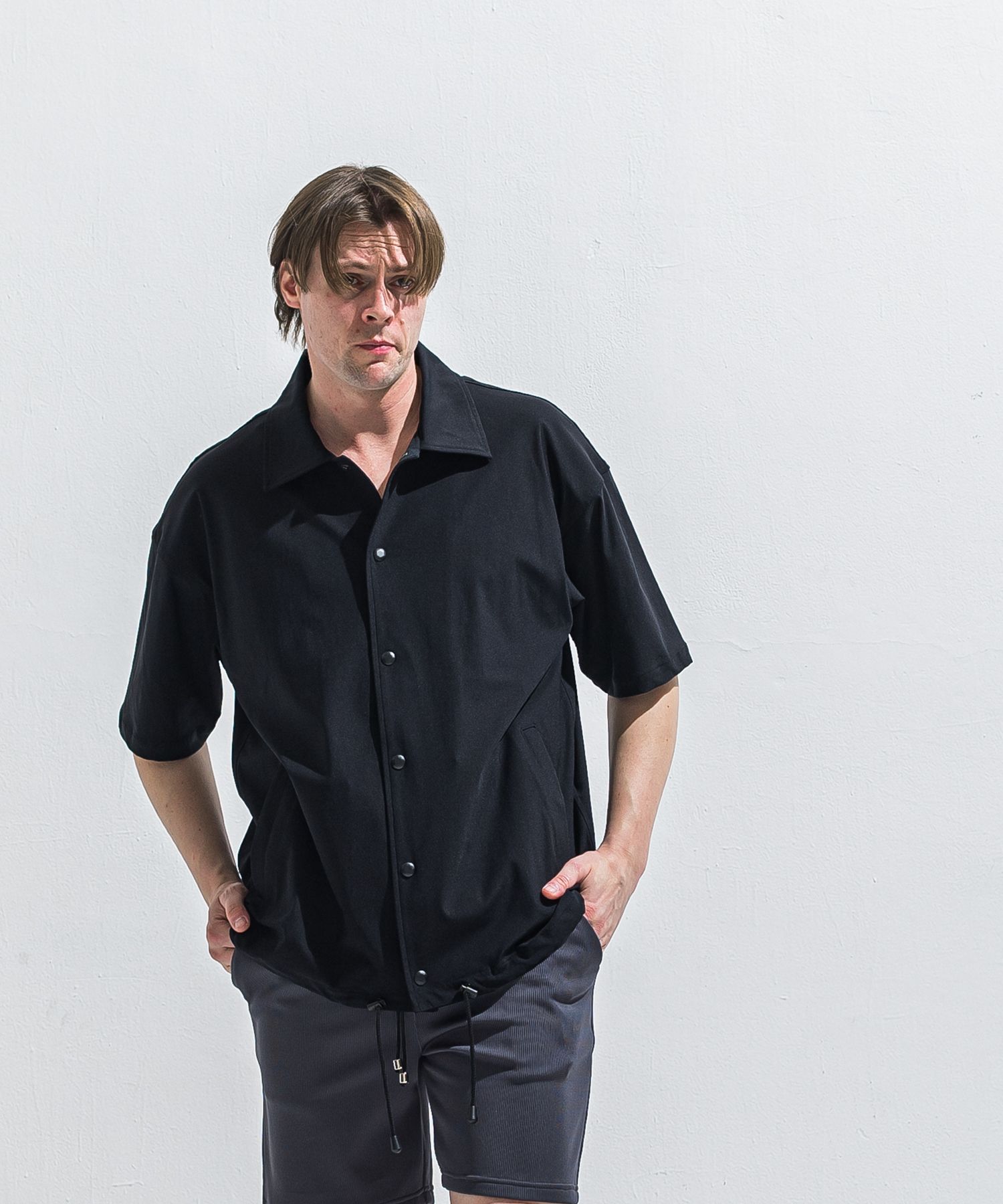 NYLON HALF COACH JACKET / RC40-C-002 / 半袖ナイロンコーチジャケット / ブラック (5月中旬入荷予定)