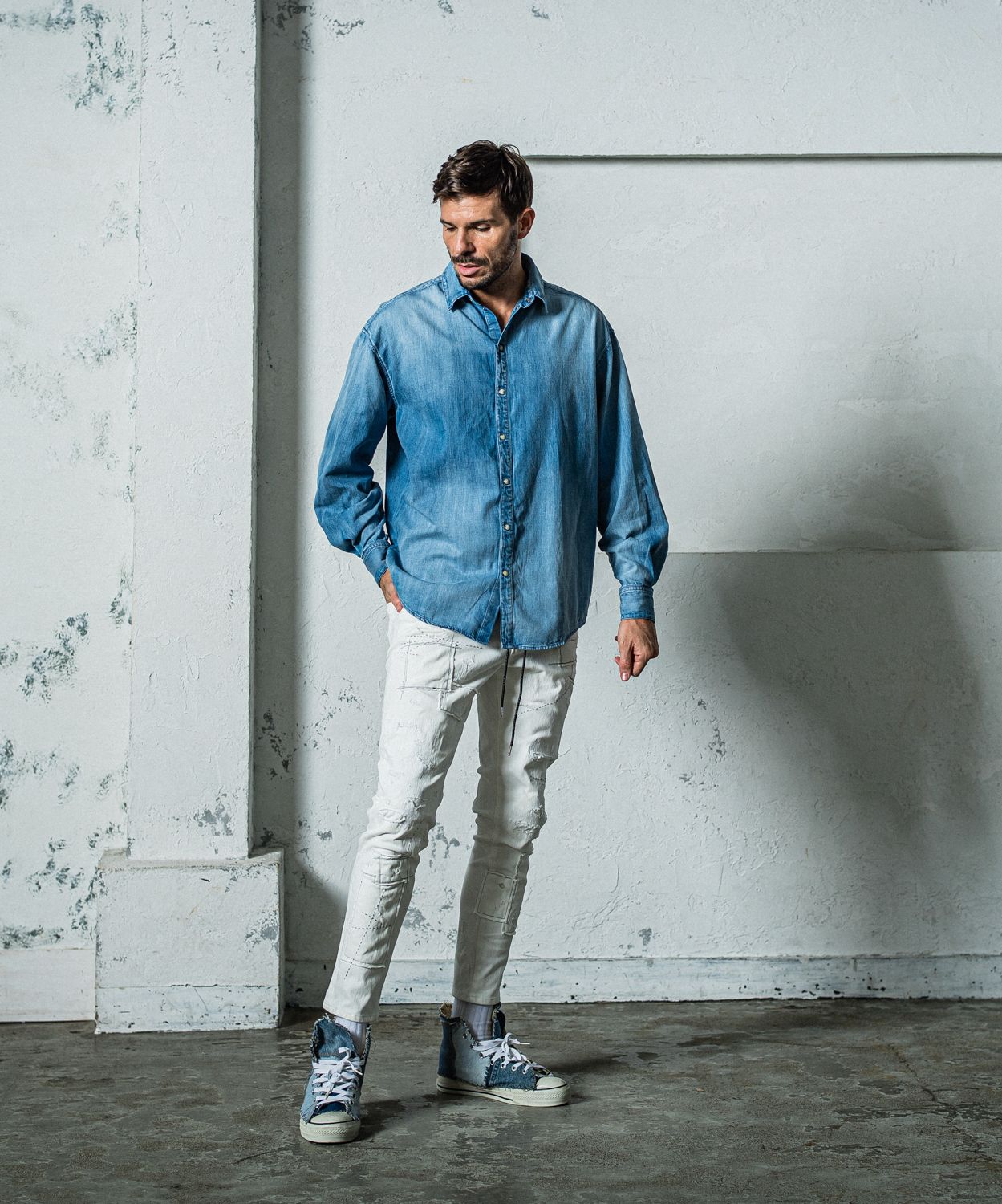 MICK DENIM JERSEY / RC35-ST-020 / デニムジャージテーパードパンツ / ホワイトリメイク