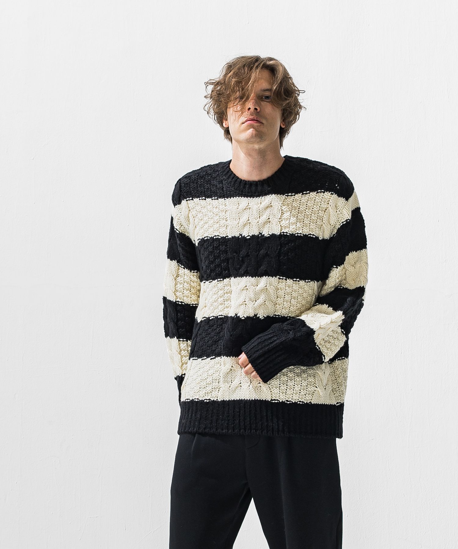 CABLE LAW SWEATER / RC42-K-002 / ケーブルニット / ブラック×ホワイト (10月下旬入荷予定)