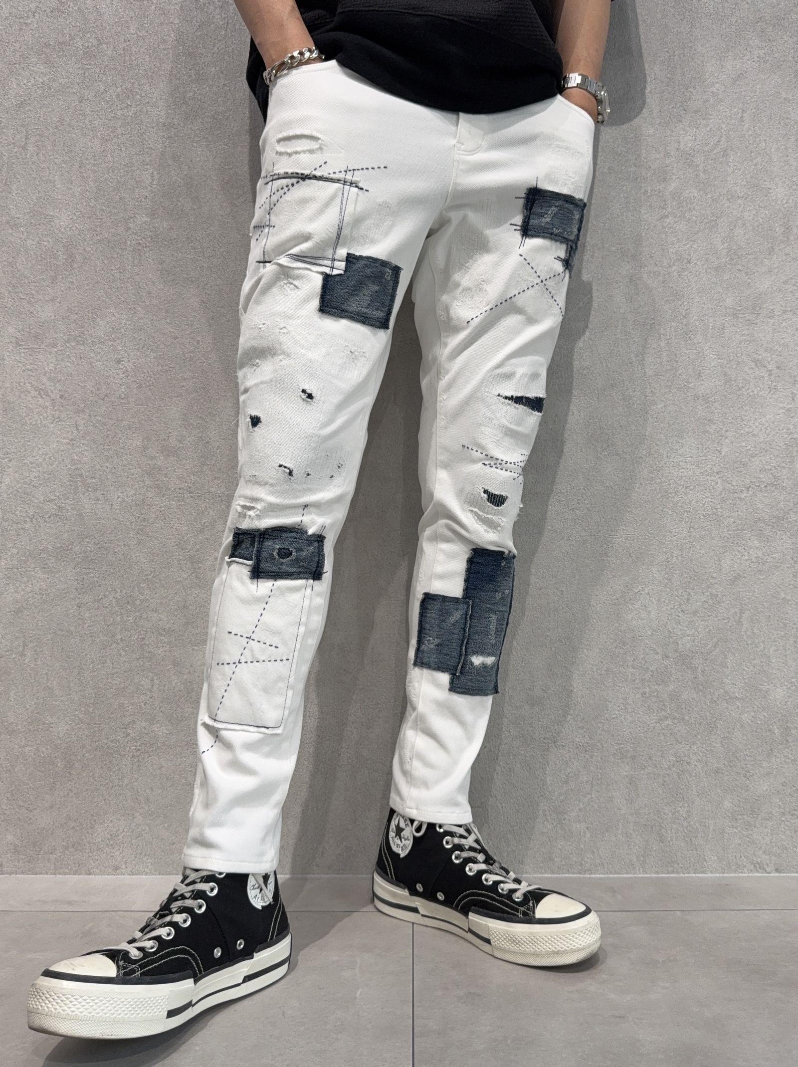 MICK DENIM JERSEY / BASIC-ST-020 / デニムジャージテーパードパンツ / ホワイトリメイク
