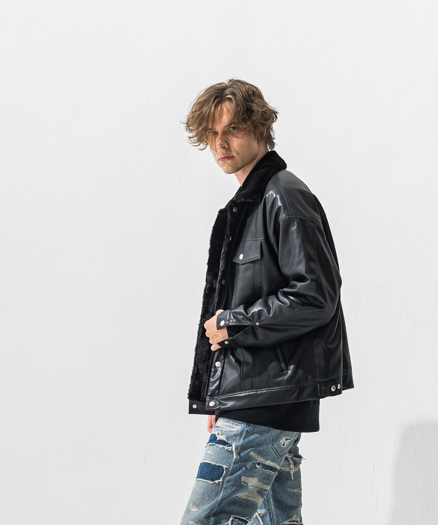 LEATHER FUR OVER G / RC42-JK-001 / エコレザーファーGジャン / ブラック (11月中旬入荷予定)