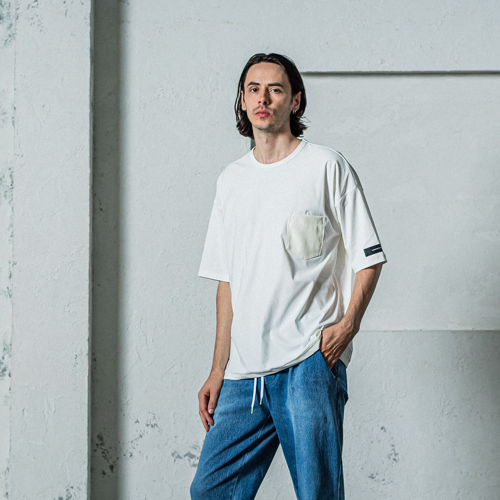 LEATHER POCKET OVER NYLON T / RC35-T-005 / レザーポケットナイロンビッグTシャツ / ホワイト