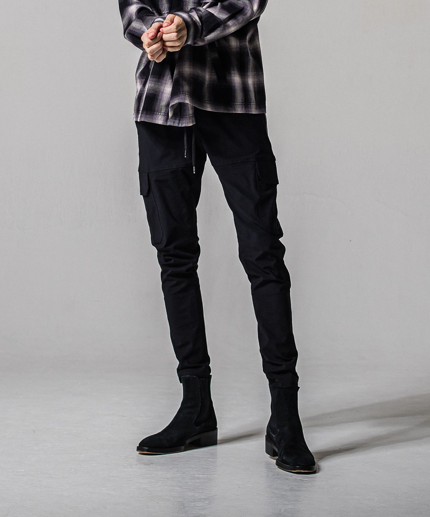 DARRELL CARGO PT / BASIC-ST-010 / レザーラインナイロンカーゴパンツ / ブラック×レザーブラック (2月下旬入荷予定)