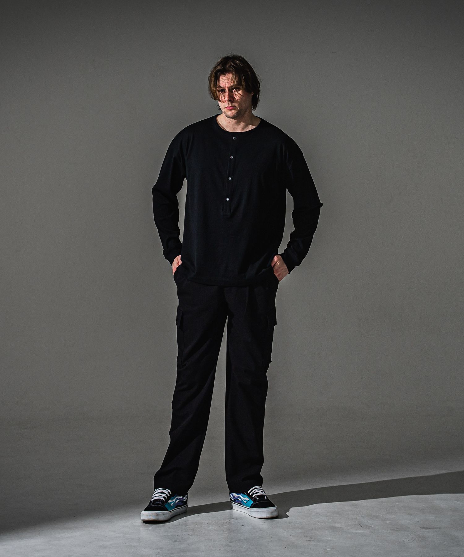 OVER HENRY LONGSLEEVE / RC41-T-004 / オーバーサイズヘンリーネック長袖Tシャツ / ブラック (7月中旬入荷予定)