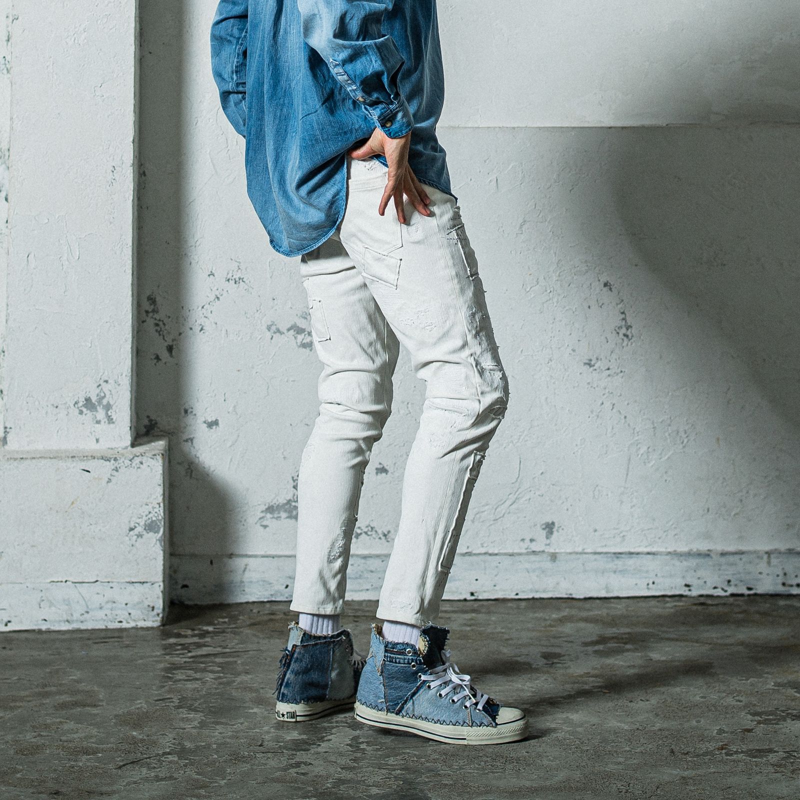 MICK DENIM JERSEY / RC35-ST-020 / デニムジャージテーパードパンツ / ホワイトリメイク