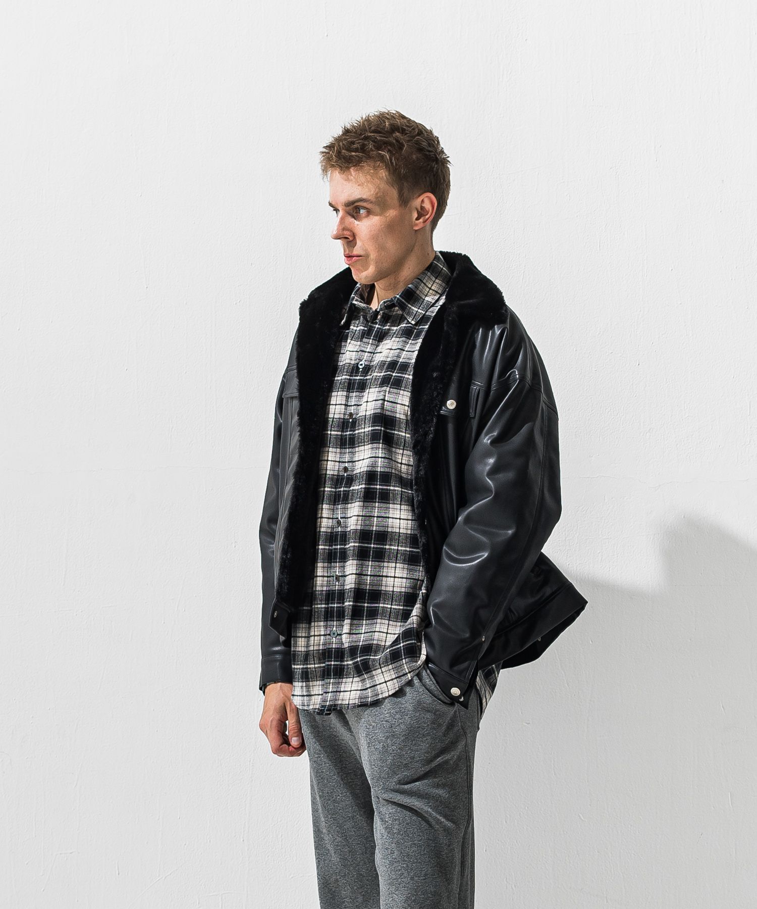 LEATHER FUR OVER G / RC42-JK-001 / エコレザーファーGジャン / ブラック (11月中旬入荷予定)