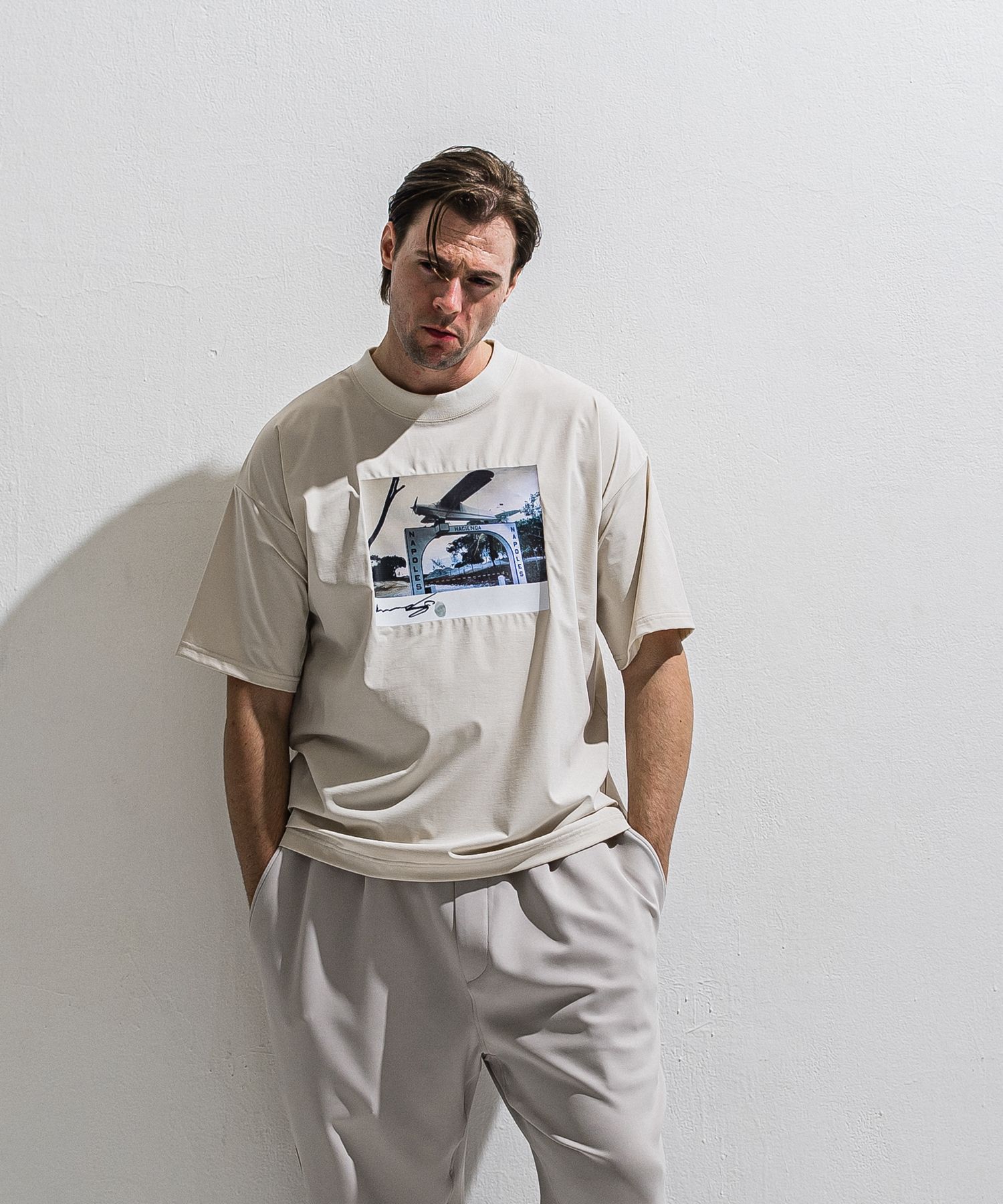 HELI OVER NYLON T / DP1-T-004 / ヘリプリントナイロンビッグTシャツ / グレージュ (4月上旬入荷予定)