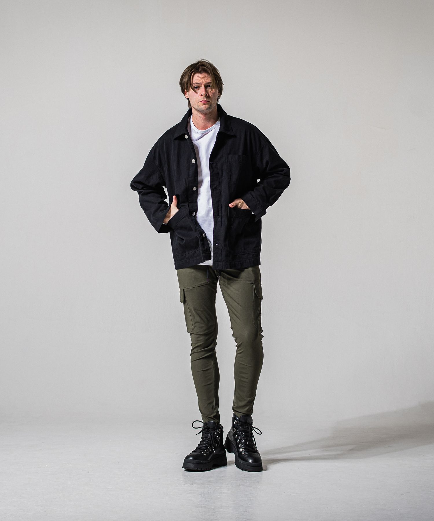 DARRELL CARGO PT / BASIC-ST-010 / ナイロン レザーラインカーゴパンツ / カーキ×レザーブラック (2月下旬入荷予定)