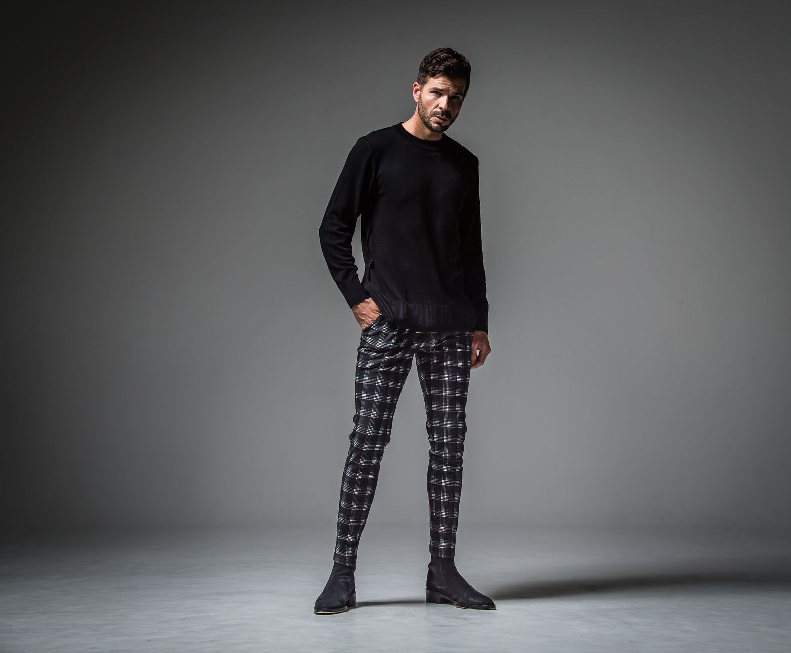CHRIS EASY HEAT TUCK PANTS / RC30-ST-016HT / 裏起毛タックパンツ / ブラック×グリーンチェック